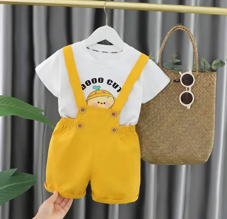

Korean Boys Summer Clothes 2023 fashion cartoon animal print short sleeve T-shirts and Overalls baby outfits Kids Tracksuits
