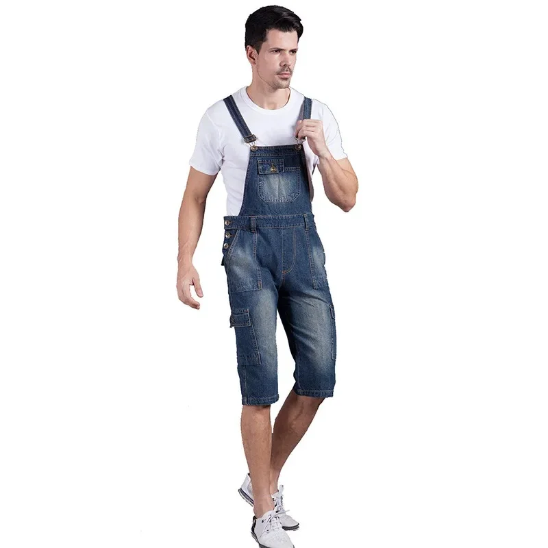 

Idopy Summer Men`s Denim Shorts Overalls Vintage Washed Multi-Pockets Jean Jumpsuit For Men Big and Tall Plus Size