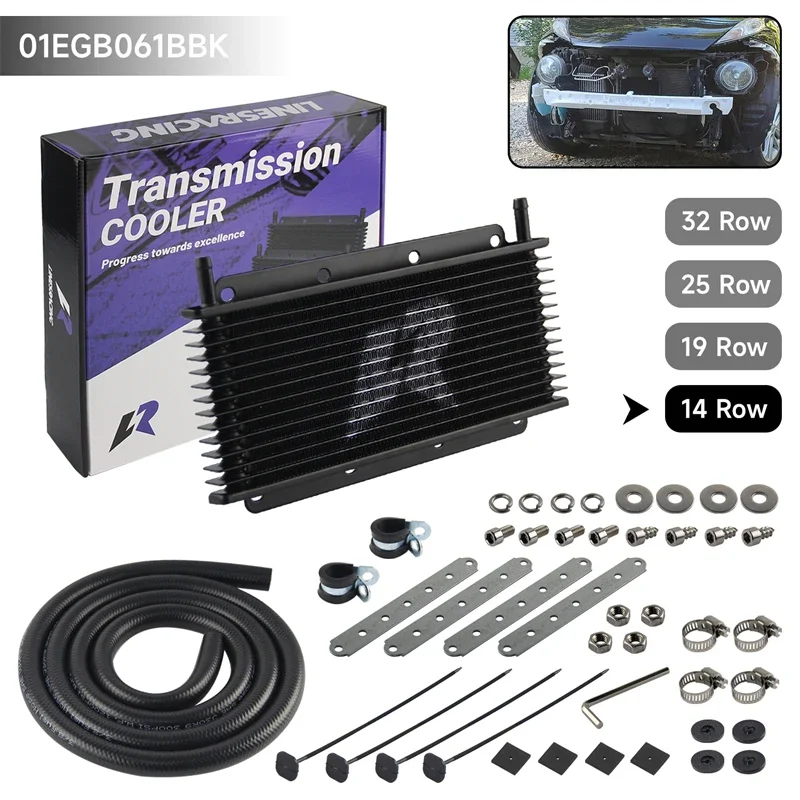 

Aluminum 14 Row Transmission Oil Cooler Kit 11"x4.2"x0.75" (280x107x19mm) inlet/outlet 9.6mm 3/8" Barb Tube & fin