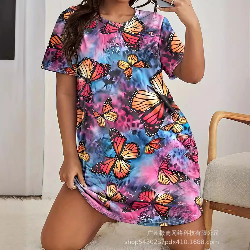 

2024 Summer Women's Clothing Butterfly Print Short Sleeve Nightdress Loose O Neck Fashion Casual Mini Dress