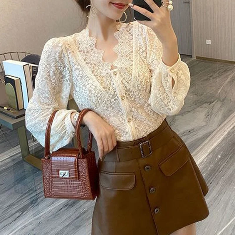 2023 Spring and Autumn Commuter Fashion Exquisite V-neck Lace Jacquard Hollow Button Cardigan Temperament Simple Women's Shirt