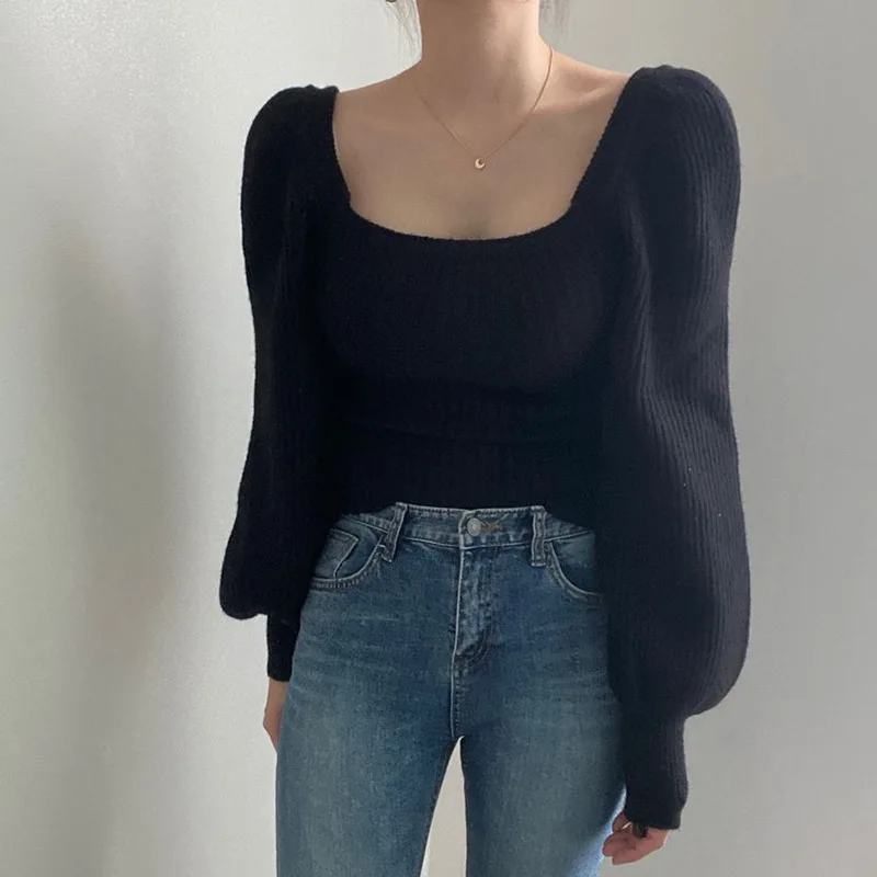 Winter Slim Fit Sweater Retro Square Collar Lantern Sleeves Solid Color Knitted Top Women's Autumn Korean Style Women's Knitwear