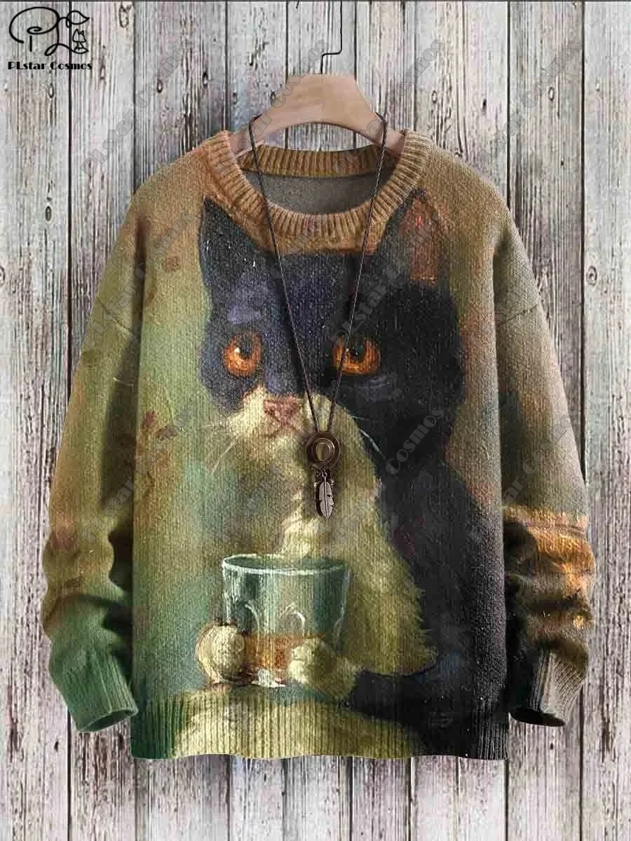 PLstar Cosmos New 3D printed animal series cat pattern ugly sweater street casual winter sweater M-4