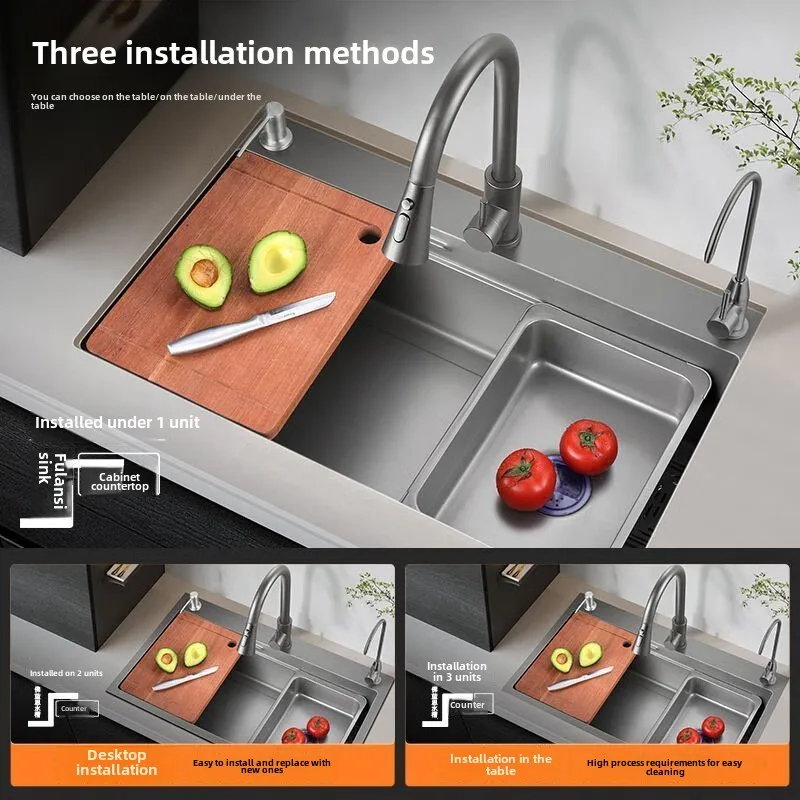 Steel Kitchen Sink Household Large Single Slot Table Basin Vegetable Basin Stainless Steel Sink Nano Coating Thickened Stainless