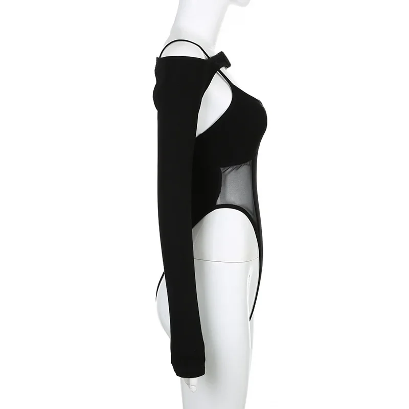 Traje de festival de verano de una pieza con parches de color liso, lencería informal de manga larga, mono sexy con cordones ligeramente transparentes
