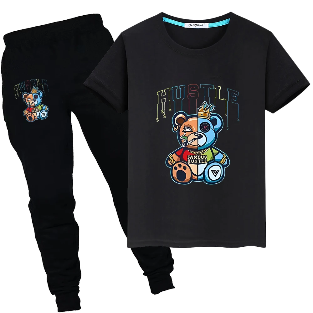 

2024Cartoon Bear King Print Cute T-shirt boy girl Short Sets Anime Tees pride tshirt y2k 2pcs Tops+pant Summer suit kids clothes