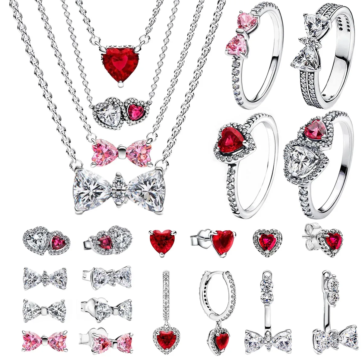 Original 925 Sterling Silver Zircon Pink Shining Bow Set Ring Earrings Bracelets Necklace Original DIY Women Fine Jewelry Gift 2