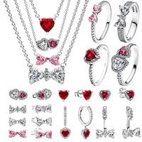 Original 925 Sterling Silver Zircon Pink Shining Bow Set Ring Earrings Bracelets Necklace Original DIY Women Fine Jewelry Gift 2