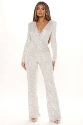 Overalls Rompers Sequins Sparkly Long Pants Jumpsuit Sexy Deep V-Neck Clothing Outfits Night Autumn Jumpsuits Women's