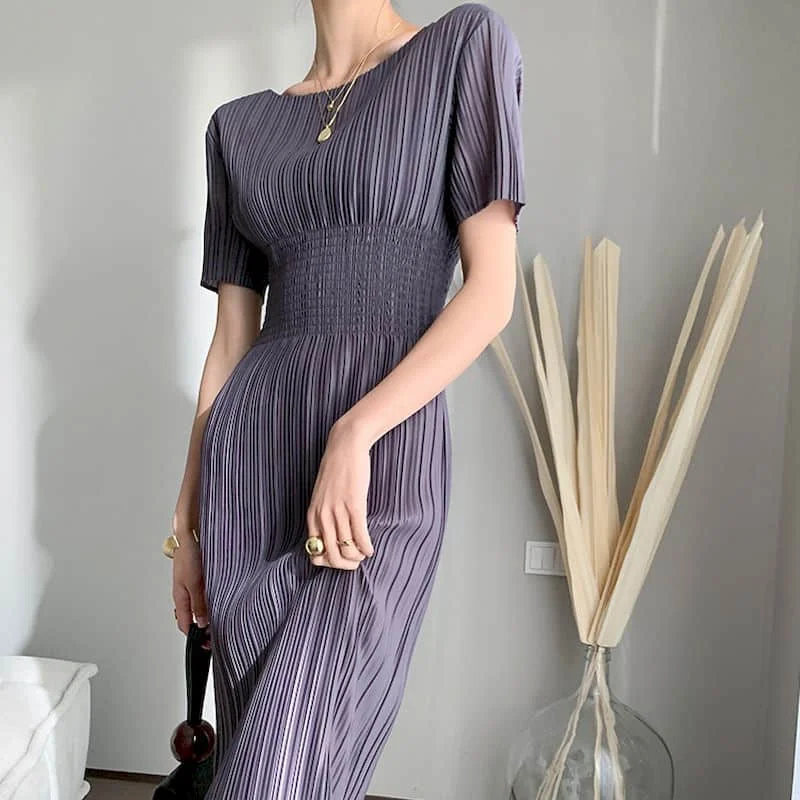 

Women Dress Vintage O-neck Solid Waisted Short Sleeve A-line Loose Korean Fashion Fold Design Mid-Calf Dress for Women Clothing