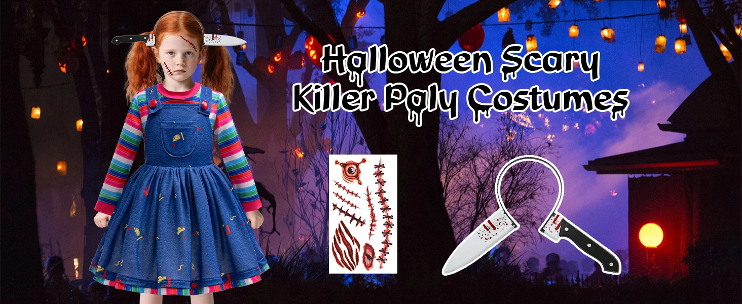 Mädchen Halloween Cosplay Kostüm Chucky Blau Denim Kleid Regenbogen Gestreiftes Hemd 2Pcs Sets Für Kinder Horror Cosplay Film Outfit – Detail 2