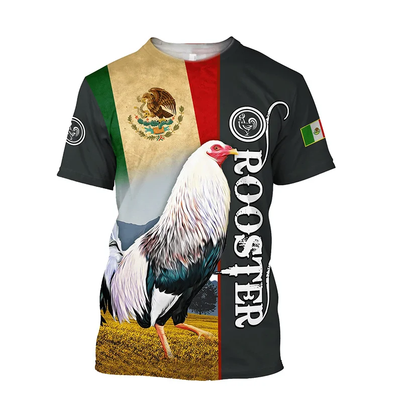 Unisex white, green, and dark brown short sleeve t-shirts with vibrant 3D prints of farm roosters on the front and text reading rooster