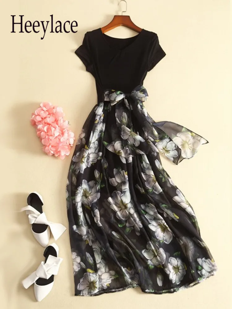 

Women Summer Short Sleeve O Neck Dresses Office Ladies Elegant High Waist Floral Print Silk Chiffon Patchwork Dresses For Women