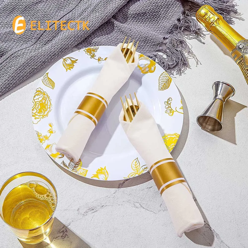 40 Pieces of Pre-Rolled Golden Plastic Silverware Disposable Cutlery and Napkin Suitable for 10 People Dinner Party Wedding