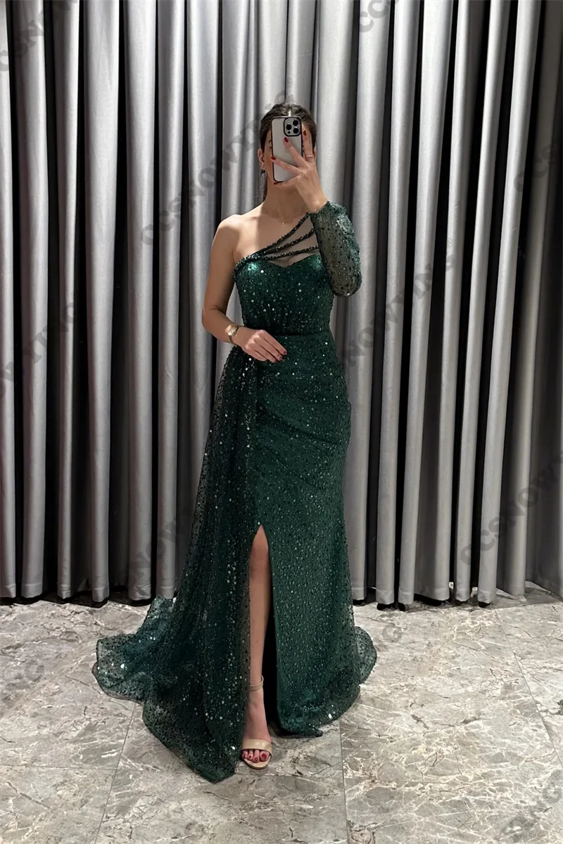 

Green Sparkly Sequin Long Sleeve Prom Dresses Mermaid Formal Evening Party Gown Slit Side One Shoulder Robe De Soiree