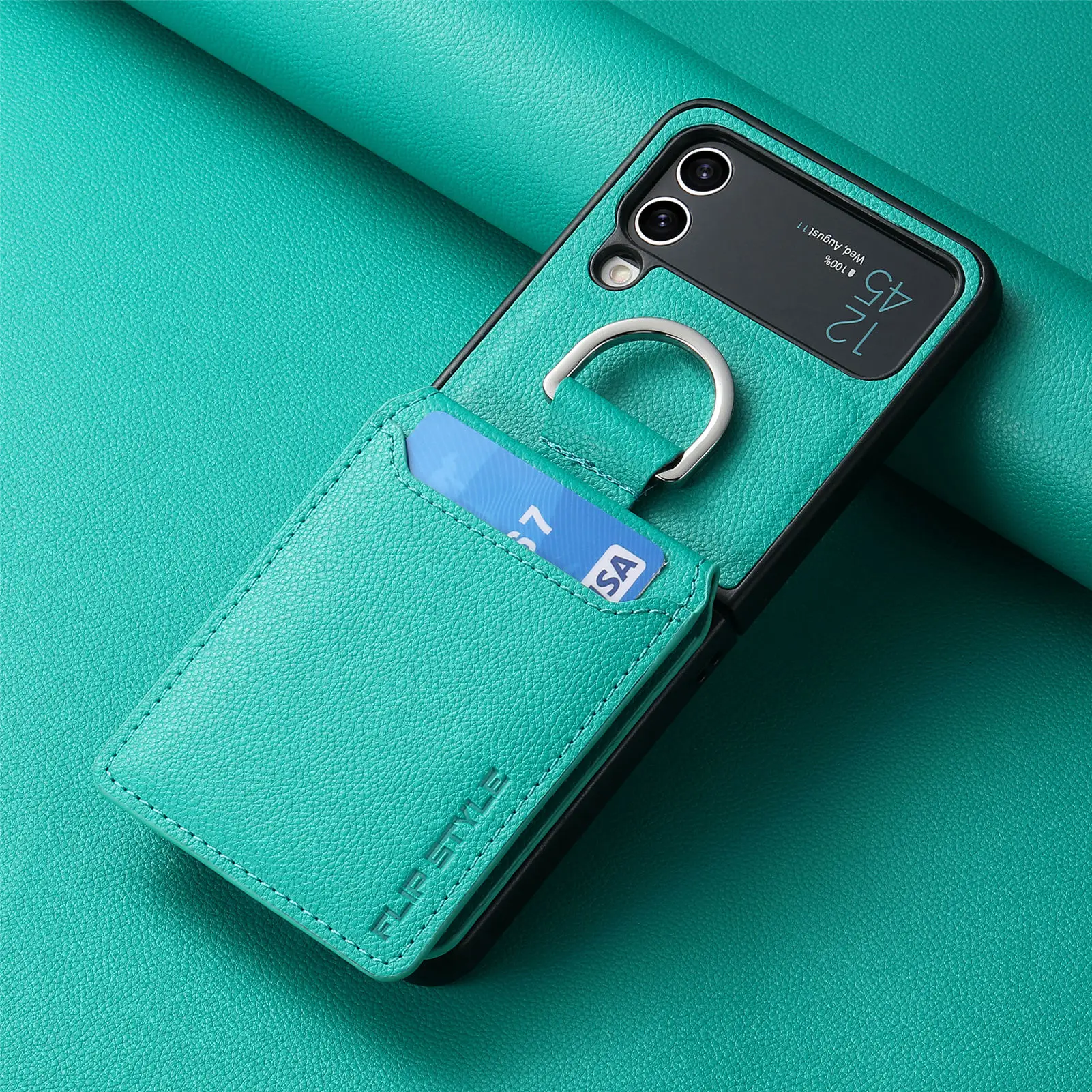 thumbnail image 1 of Wallet Phone Case For Samsung Z Flip 4 Finger Ring Card Holder Stand Shockproof Lychee Pattern PU Leather Cover For Z Flip 1 2 3, 1 of 5