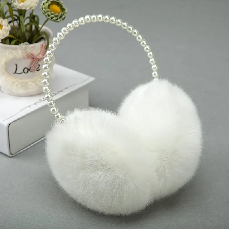 

Women Girls Winter Fluffy Plush Earmuffs Thicken Imitation Pearl Beaded Headband Ear Warmer Princess Kids Party Styling Headwear