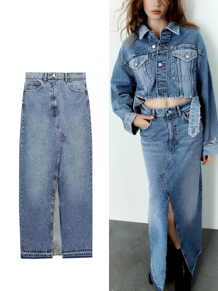 Fashion with Pockets Front Split Denim Skirt Women 2023 High Waist Straight Skirt Women Vintage Faded Slit Long Dresses Dresses