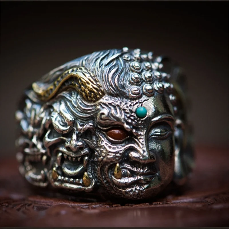 Personal isierte dominierende Doppelseite Buddha Dämon Ring für Männer Schmuck Vintage Achat Ring männliche Segen Amulett Zubehör – Detail 8