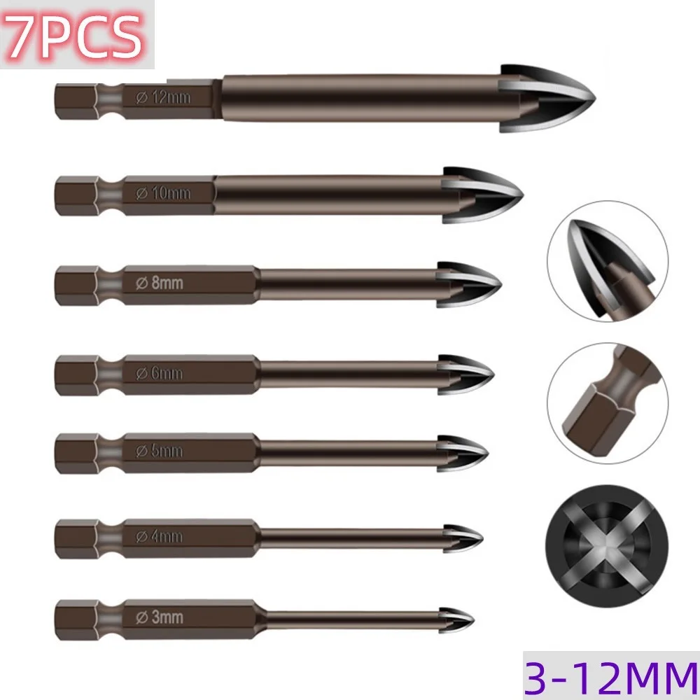 7Pcs Set Cross Hex Tile Drill Bits Set for Glass Ceramic Concrete Carbide Hole Opener Brick Hard Alloy Triangle Bit Tool Kit 3 16mm cross hex tile bits glass ceramic concrete hole opener alloy triangle drill tungsten carbide