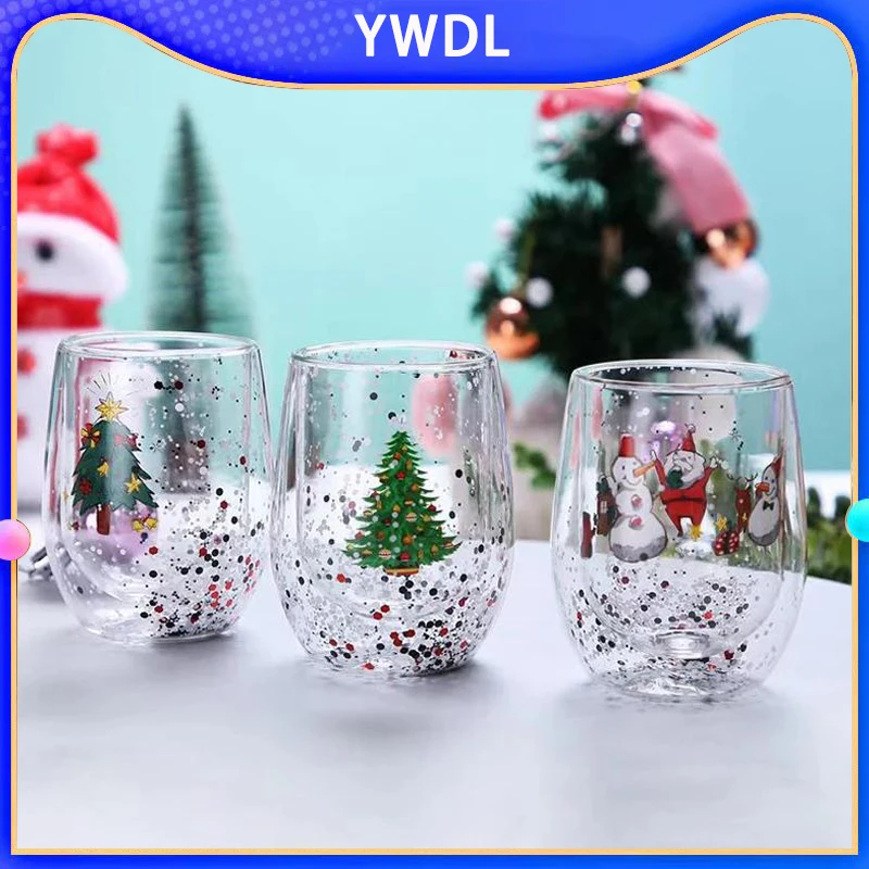 YWDL 1/2pcs Christmas Tree Double Wall Glass Cup Party Christmas Gift Heat-insulated Espresso Coffee Mug Milk Tea Cup 300ml