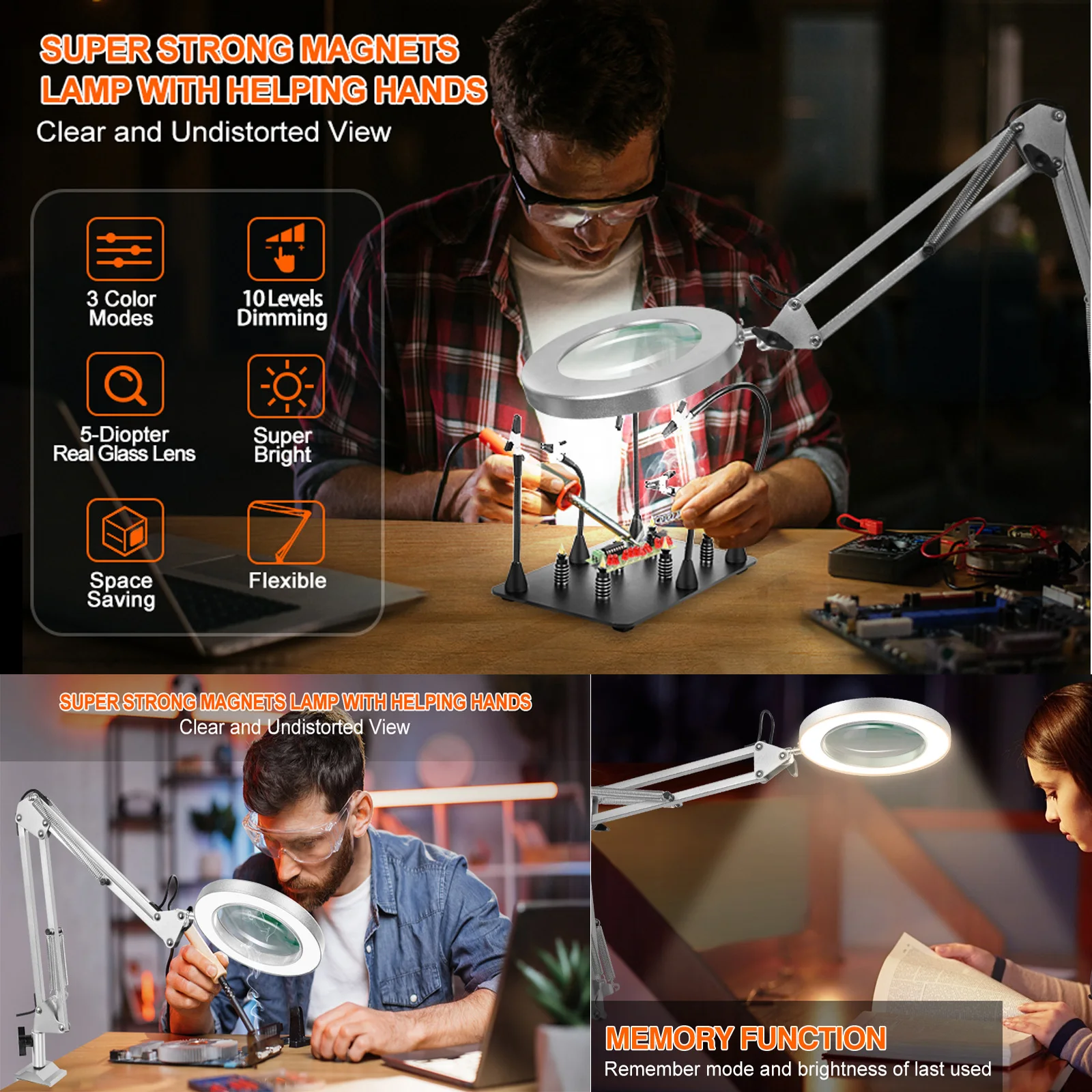 Magnetic Flexible Arm Illuminated Magnifier USB 3X LED Magnifying Glass  Desk Lamp for Soldering Iron Repair Reading Workbench - AliExpress