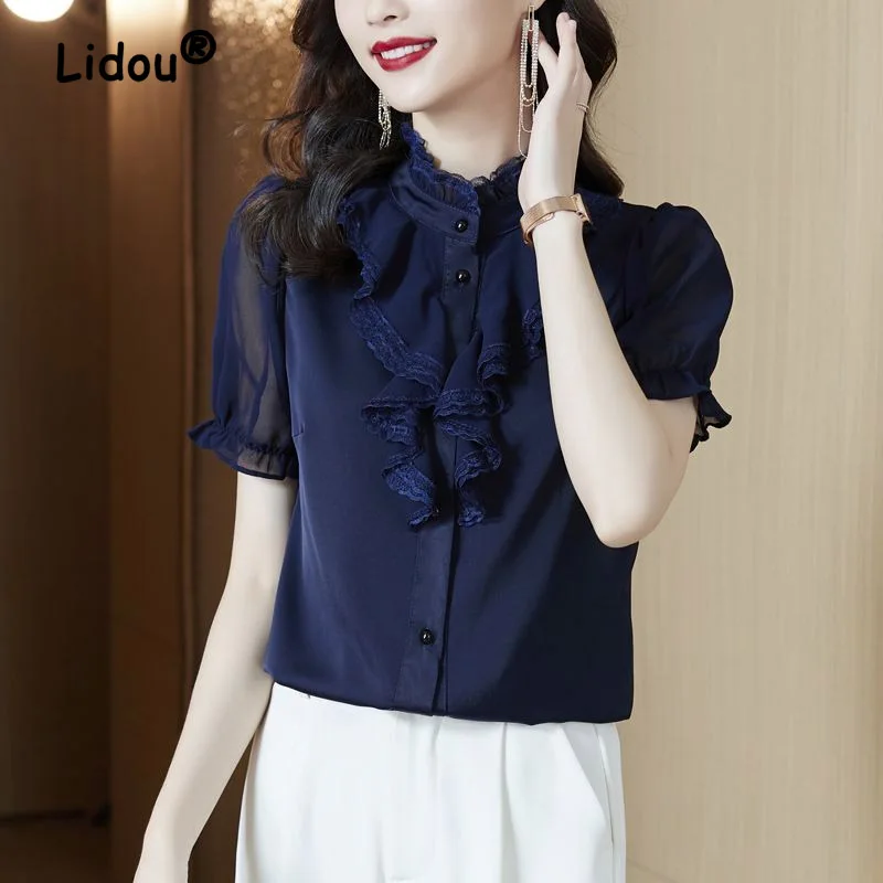 Noble Fashion Solid Color Ruffles Single-breasted Blouse Women Classic Transparent Short Sleeve Office Lady Chiffon Shirt