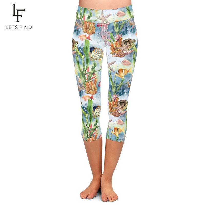 LETSFIND Summer 3D Sea Animals Printing Women Fitness Capri Leggings Fashion High Waist  Mid-Calf Leggings