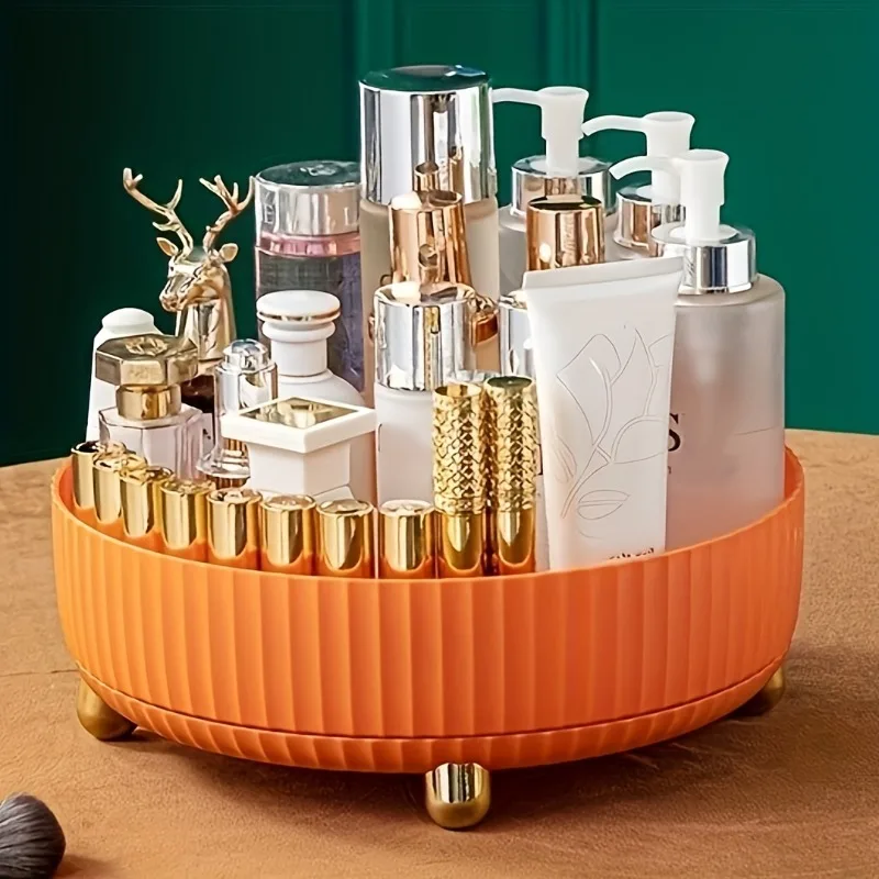 1pc 360 Degree Rotating Cosmetic Storage Box, Large Capacity Makeup Organizer, Plastic Round Skin Care Products Display Case 5