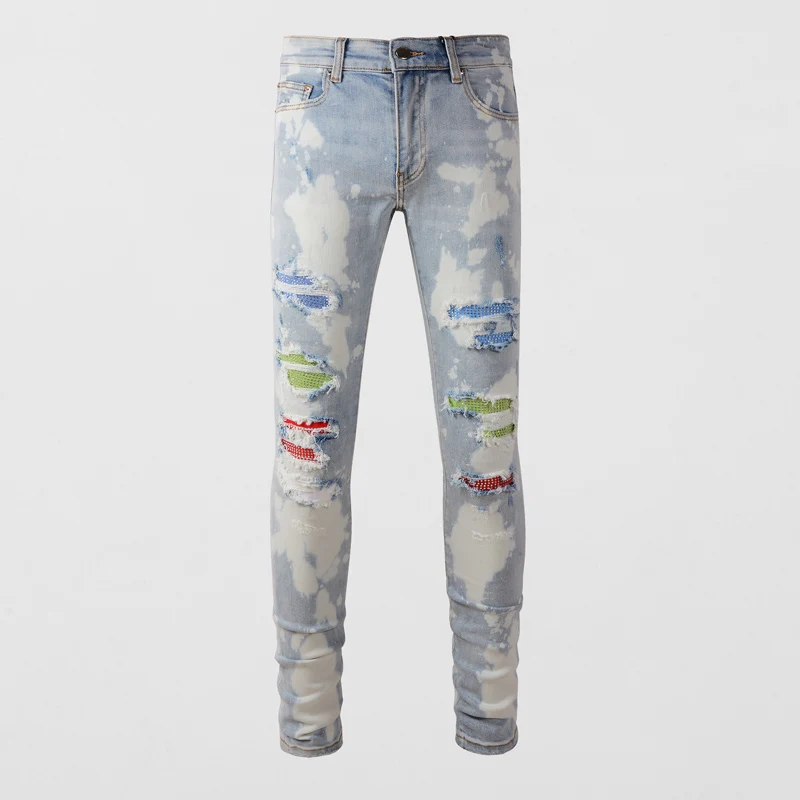 

Street Fashion Men Jeans Retro Light Blue Slim Fit Stretch Patched Ripped Jeans Men Painted Designer Hip Hop Brand Pants Hombre
