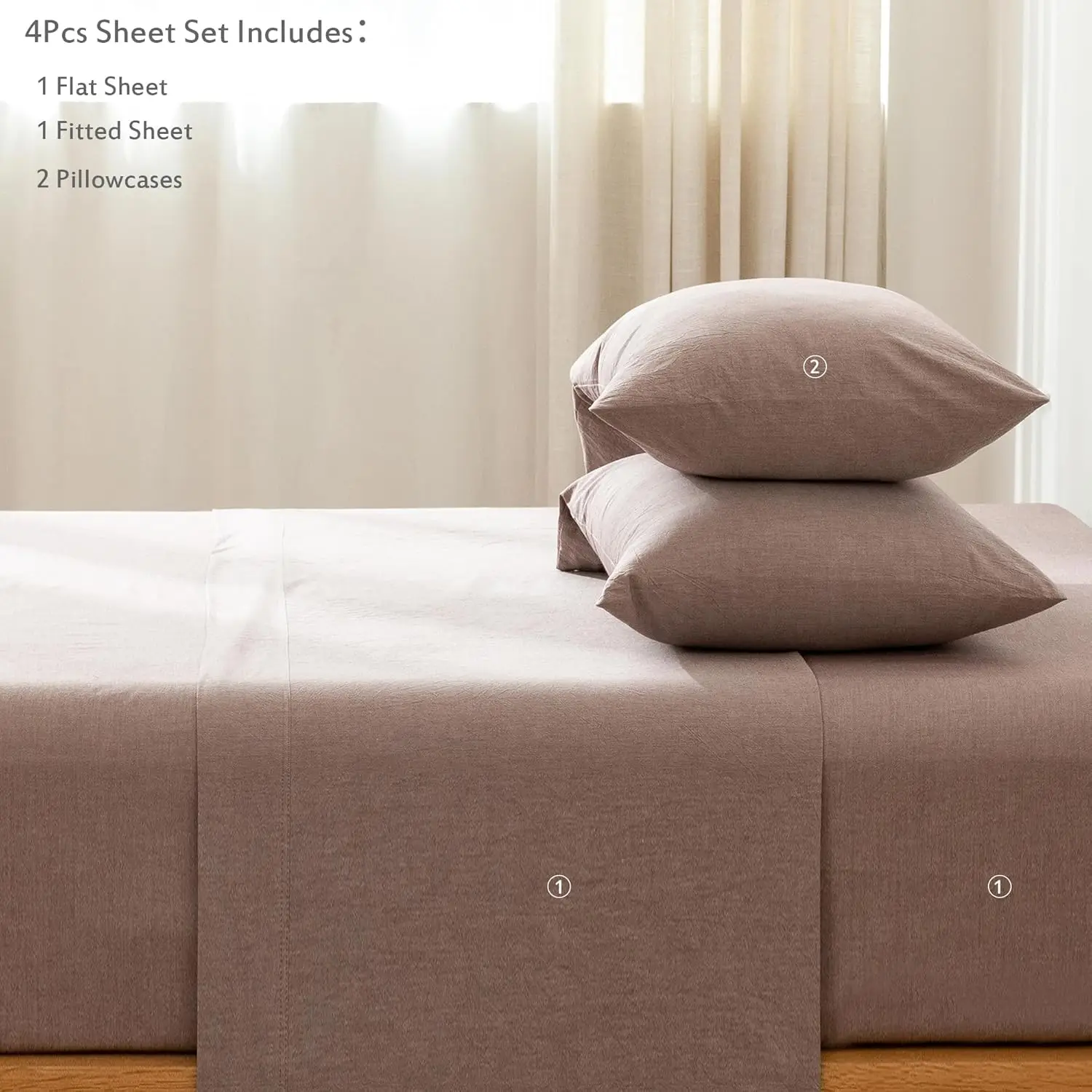 MooMee Bedding Sheet Set 100% Washed Cotton Linen Like Textured Breathable Durable Soft Comfy (Mauve Brown, King) 2