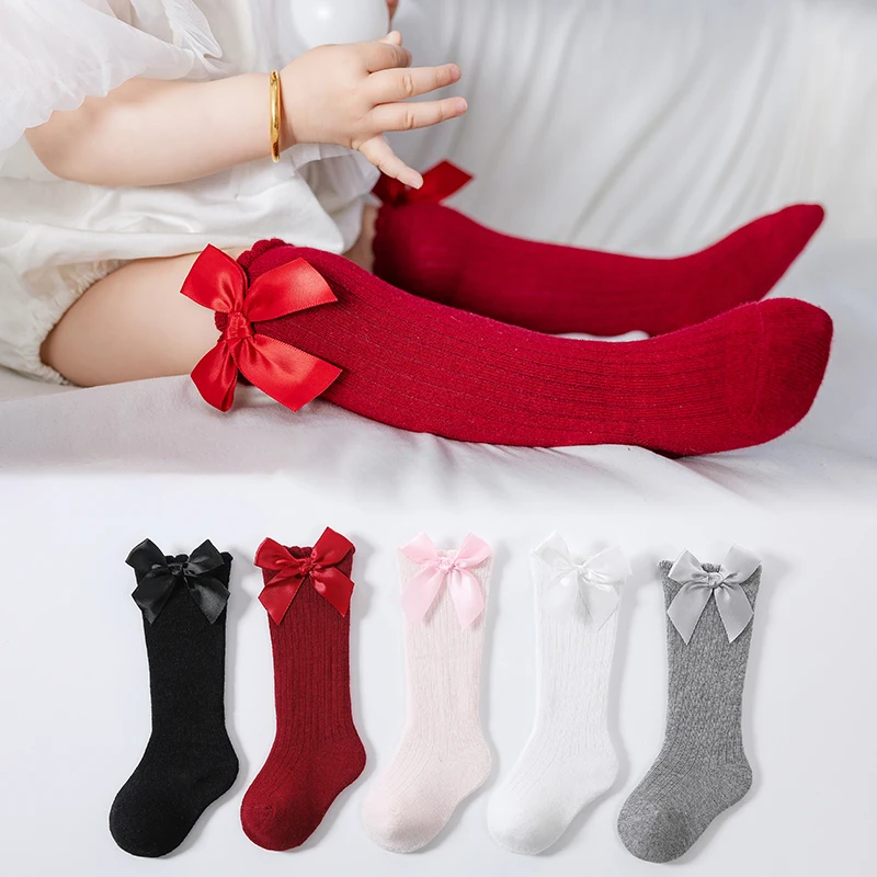 Cotton knee socks Knee length socks Girls' bow knee-high socks Children's large bow stockings Baby soft solid color vertical stripe princess socks for ages 0-5
