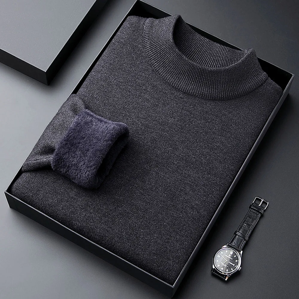 Men's Oversized Mid Turtleneck Sweater Plus Velvet Knit Knitwear Pullovers Blouse Undershirt Korean Winter Clothes Women