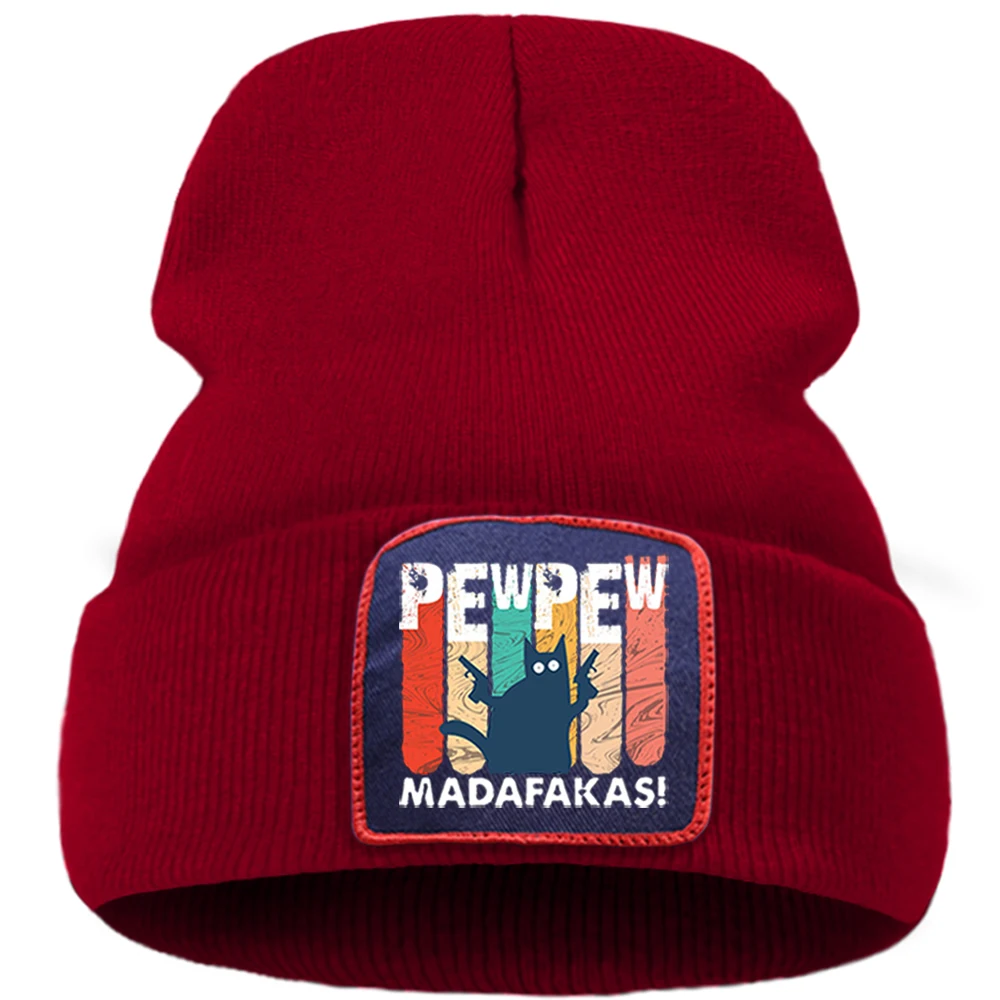 

Pew Pew Madafakas Cat Skullies Hat Casual Hot Sale Beanie Caps Flexible Creative Print Knitted Hats Soft Sport Warm Hedging Cap