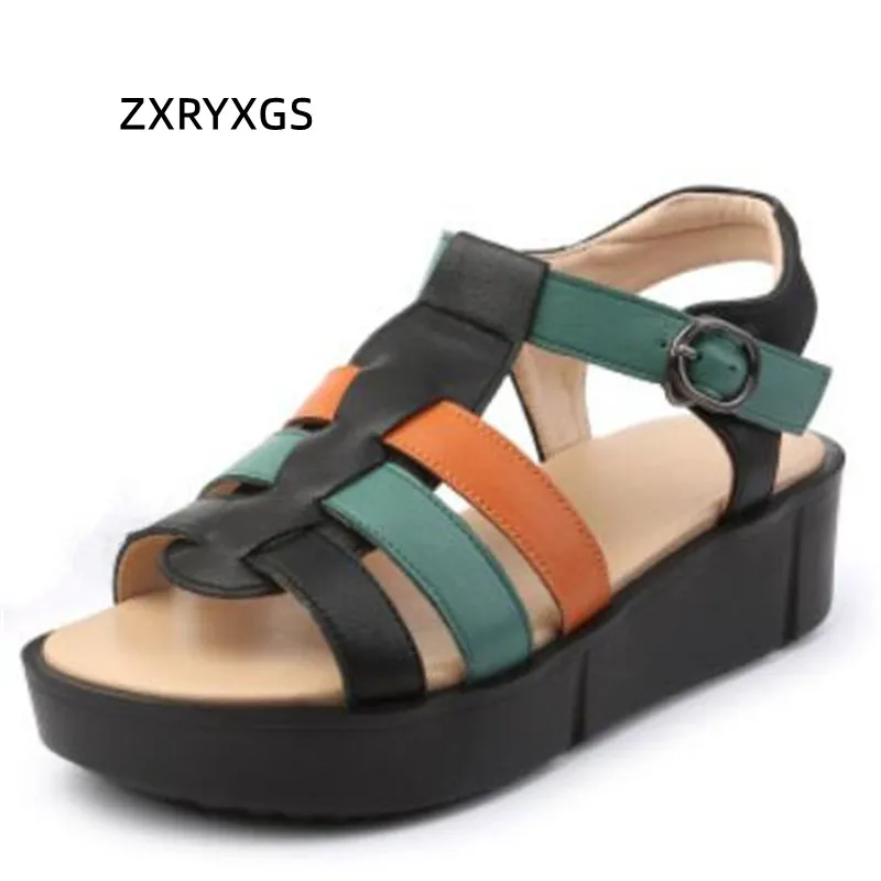 

ZXRYXGS Spell Colors Summer Genuine Leather Sandals Women Sandal Shoes 2022 New Open Toe Platform Shoes Increased Wedges Sandals