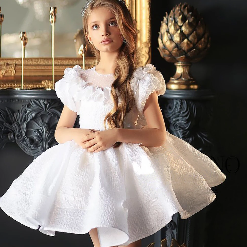 

White Puffy Flower Girl Dress O Neck Short Sleeve First Communion Dresses Child Birthday Party Gowns