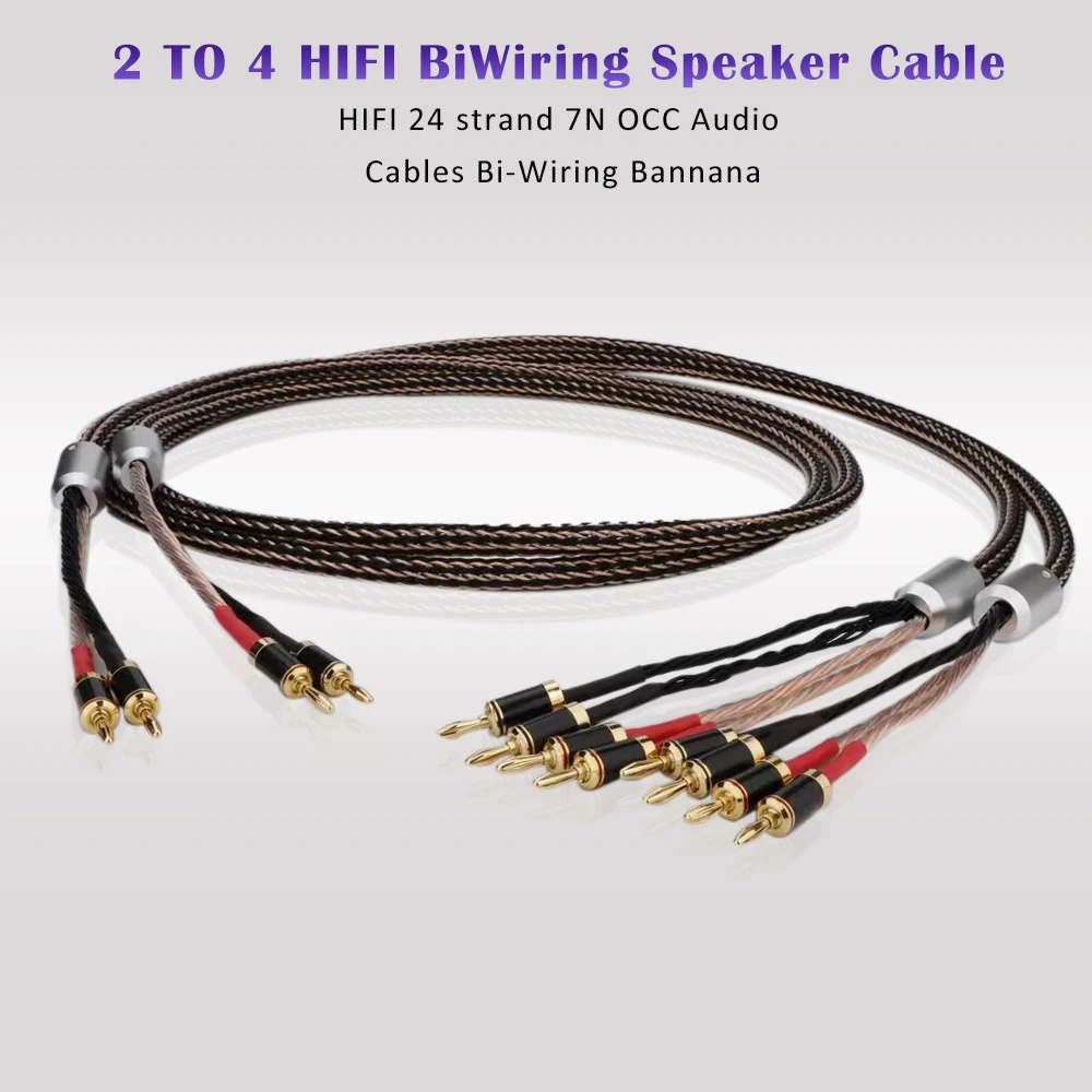 

2 TO 4 HIFI BiWiring Speaker Cable HIFI 24 strand 7N OCC Audio Cables Bi-Wiring Bannana