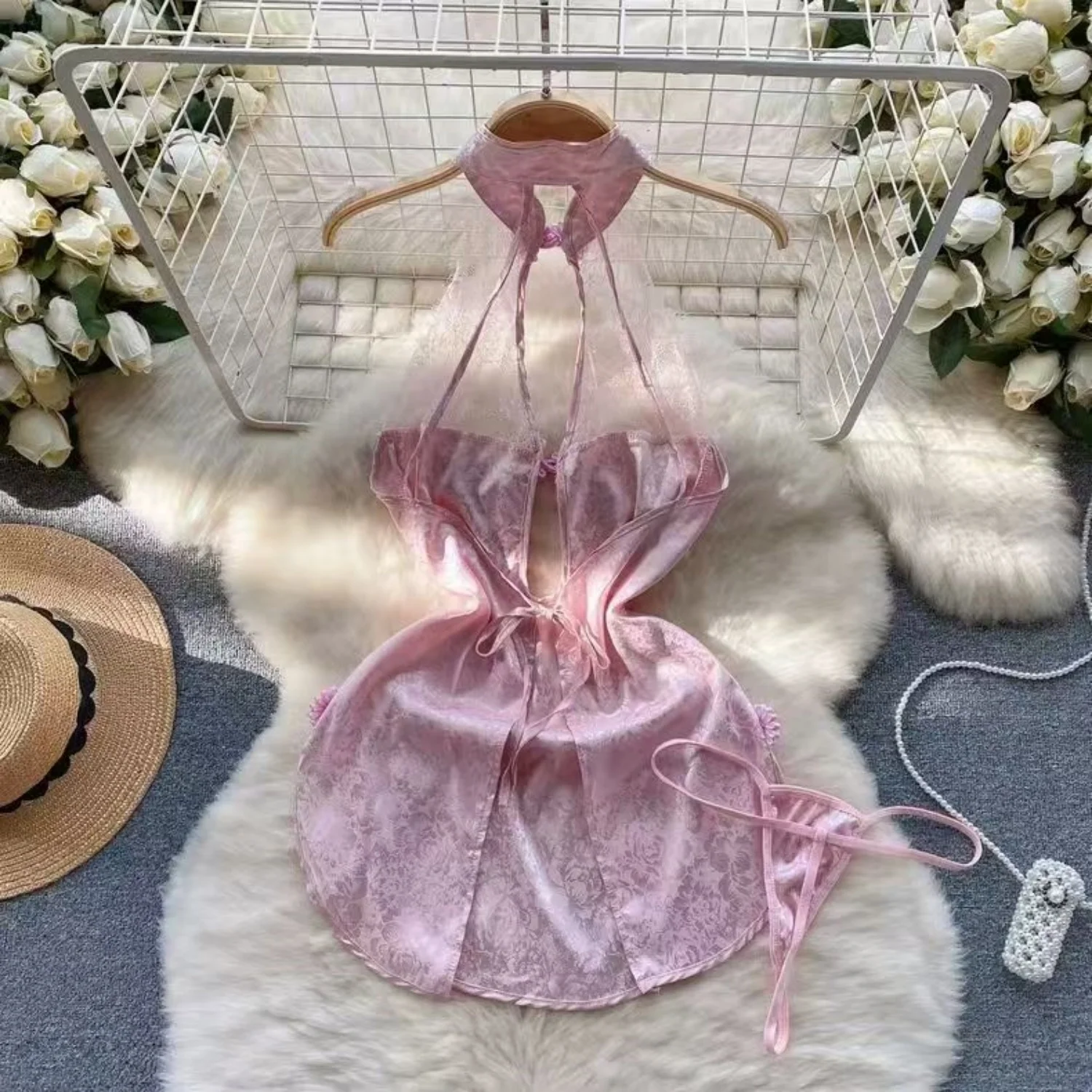 Hollow Out Sexy Women's Qi Pao Pink Mini Dress Lace Up Lady Halter Short Dress Erotic Lingerie Slim Bodycon Sleep Dress Pajamas