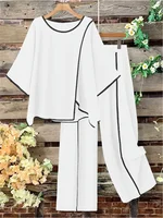 Plus Size Women Casual Fashion Set Loose Comfortable Open Split Half Sleeve Top Wide Pants Long Pant Two Piece Outfit Pajama Set - Image 2