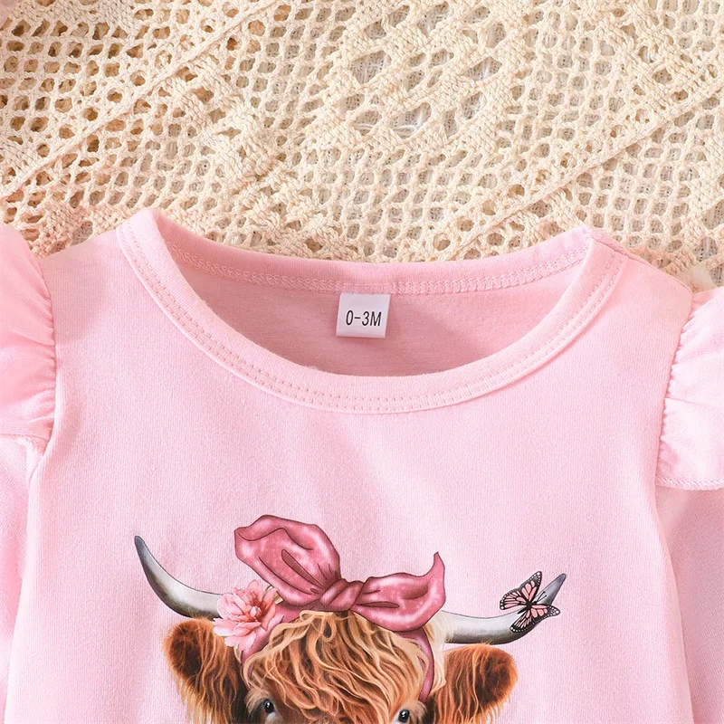 

Edhomenn Baby Girls Western Clothes Cattle Head Print Long Sleeve Romper with Bowknot Flare Pants and Headband Infant Girls