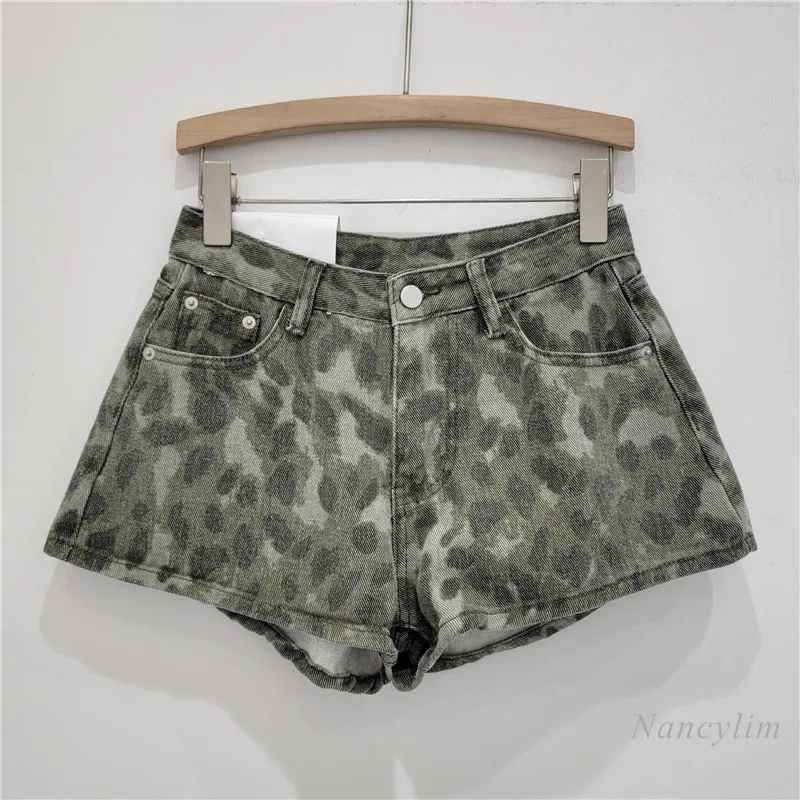Retro Leopard Printed Denim Shorts for Women 2024 New Summer High Waist Slimming All-Match Hot Pants Street Shorts