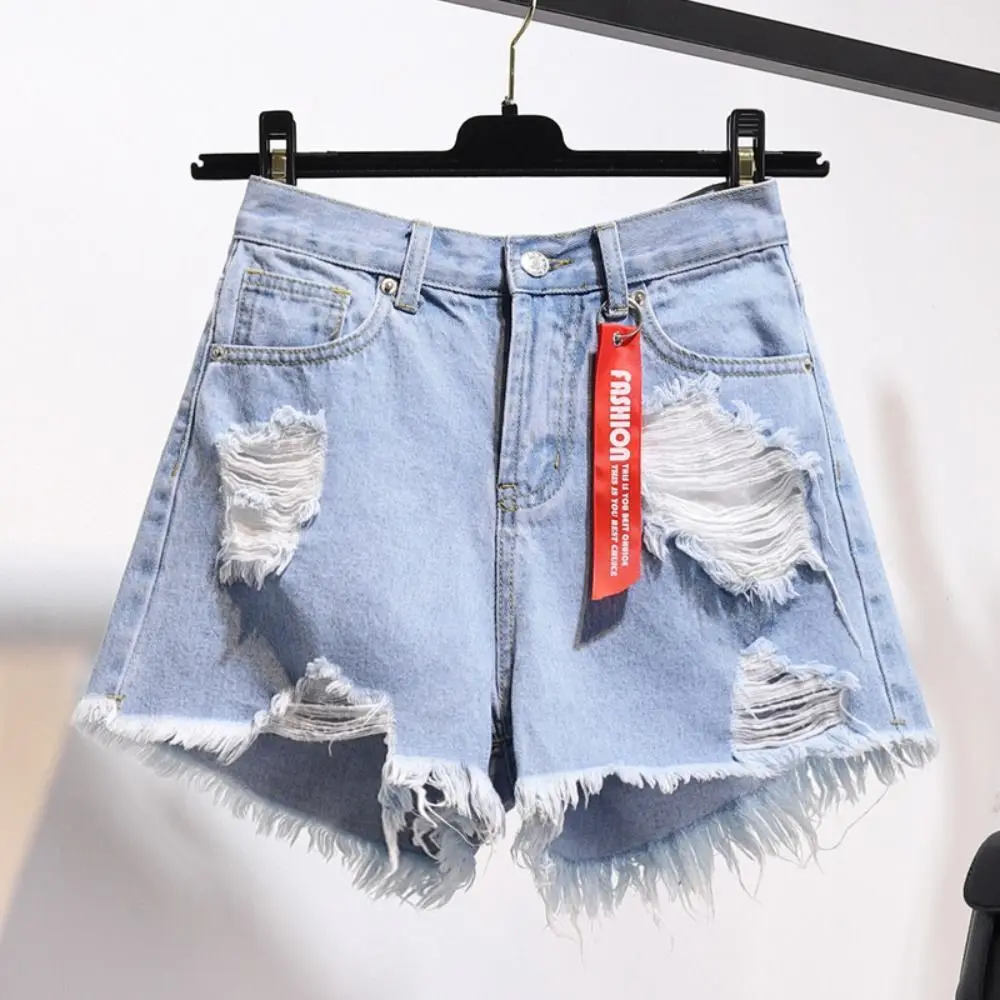 

Ripped Jean Shorts Casual High Waisted All-match Distressed Short Tassel Frayed Raw Hem Denim Shorts Women