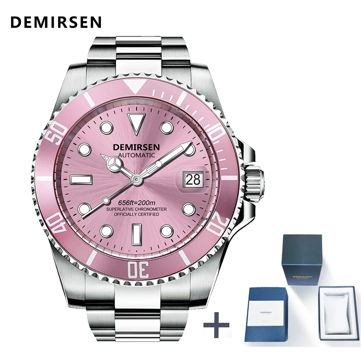 Drop Ship Luxury Brand Dress Automatic Watch Business Pink Stainless Steel Waterproof Sapphire Glass Luminous Sports Wristwatch