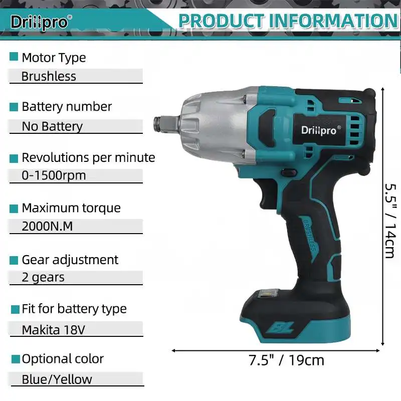 Drillpro New 2000N.M Brushless Cordless Electric Impact Wrench Rechargeable 1/2