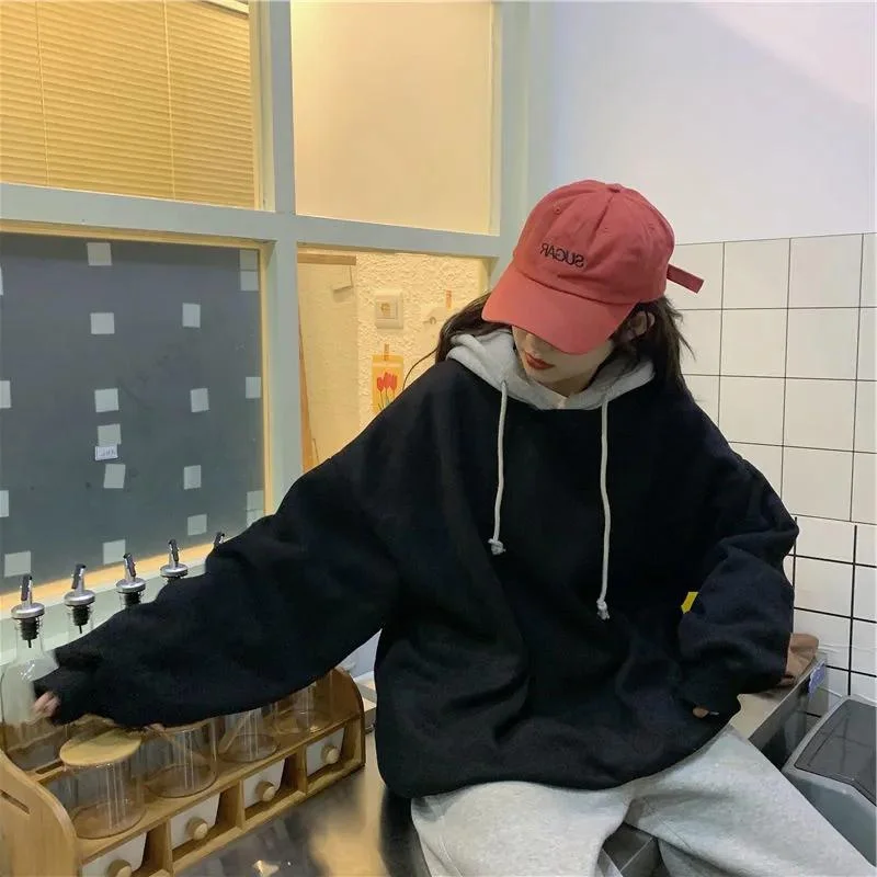 Patchwork Hoodies with Pockets Female Pullover Women Loose Casual Lazy Korean Style Fashion Trendy All-match Sweatshirts Ulzzang