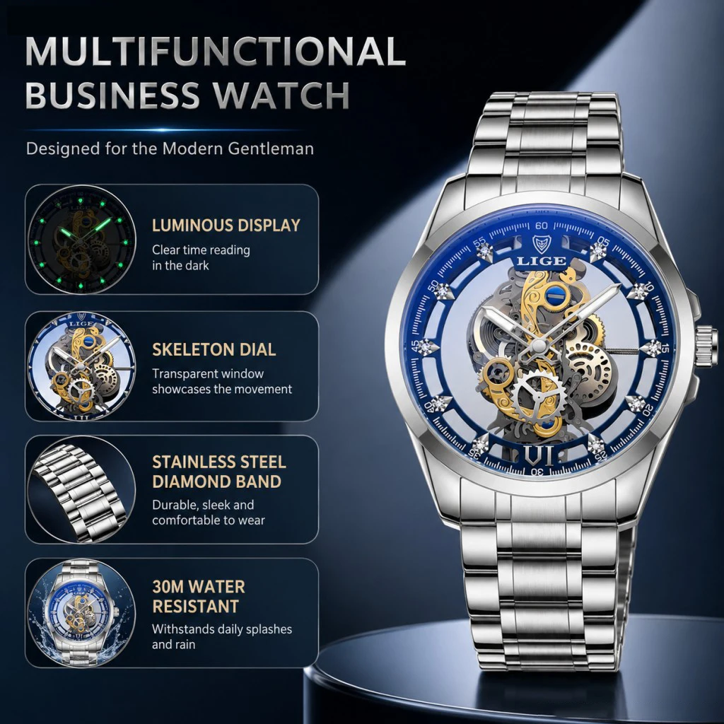 Luxurious Gold Skeleton Men's Automatic Watch by LIGE