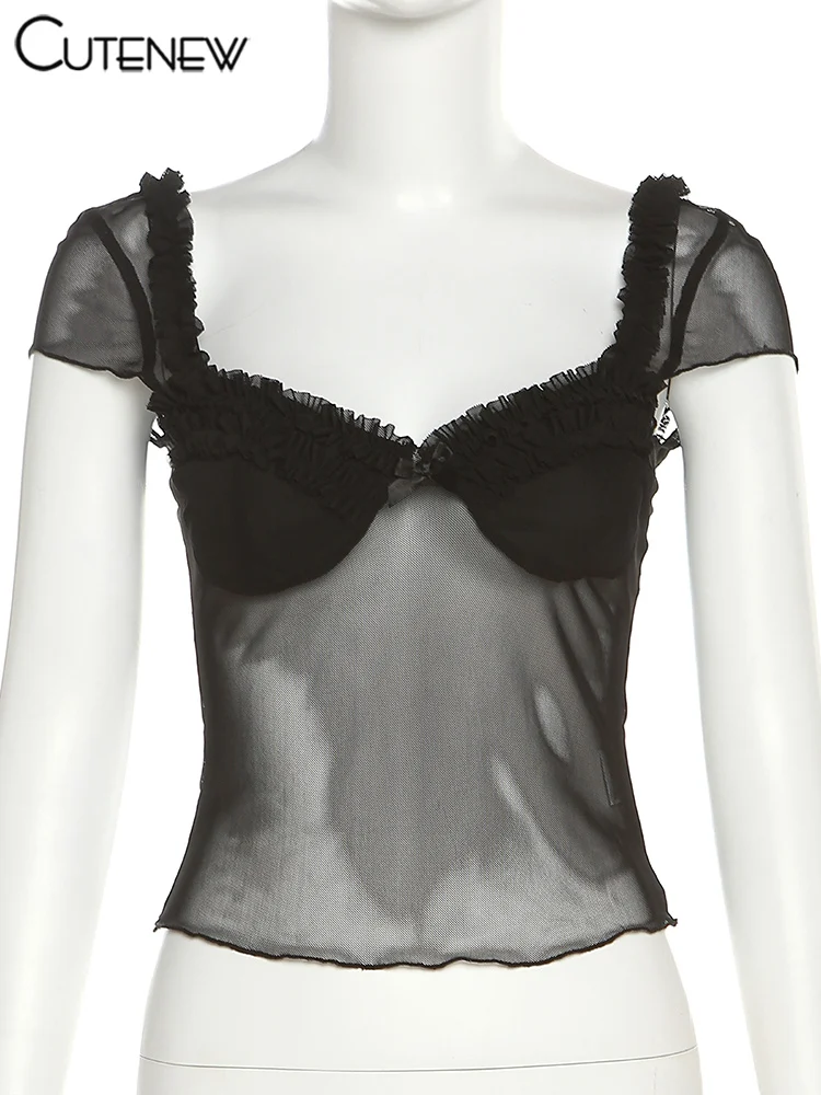 NIBBER frauen Neue Mode Patchwork Mesh Top Sexy Low-Cut Kurzarm Dünnes T-shirt Straße Streetwear Hot Girl t Kleidung – Detail 2