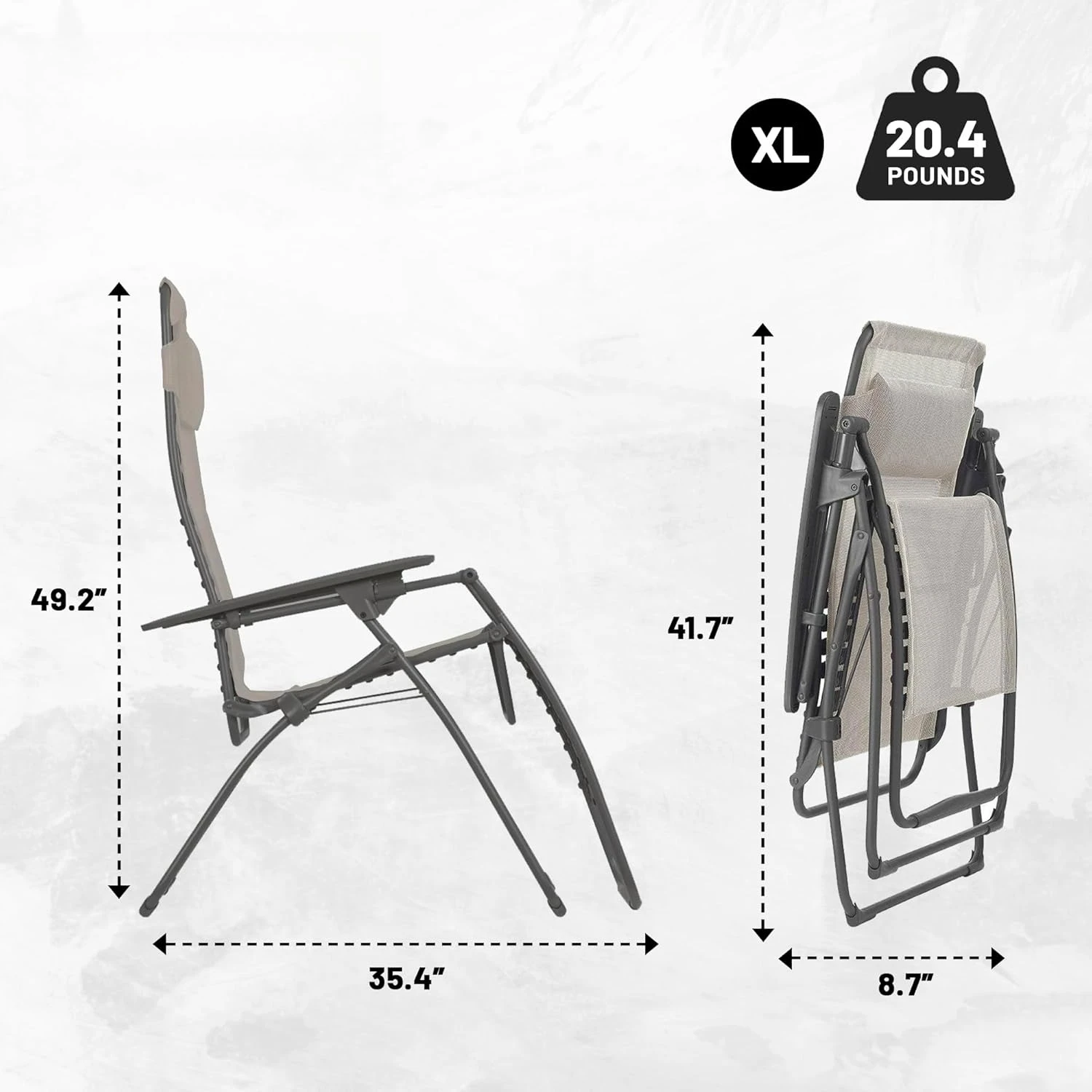 Futura XL Zero Gravity Patio Recliner (Seigle Grey Batyline Canvas) Extra Large Outdoor Folding Lounge Chair