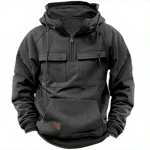 New Autumn-Winter Men's Hooded Solid-Color Casual Hoodie - Fashionable Young Man's Multi-Pocket Patch Hoodie Pullover Shirt - Image 5