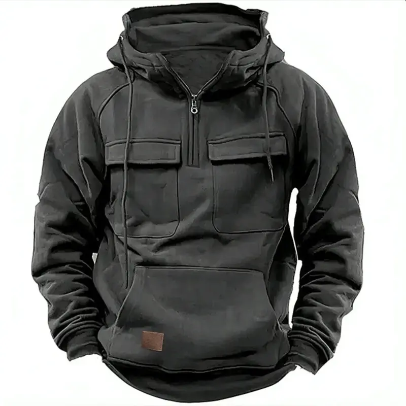 New Autumn-Winter Men's Hooded Solid-Color Casual Hoodie - Fashionable Young Man's Multi-Pocket Patch Hoodie Pullover Shirt - Image 5